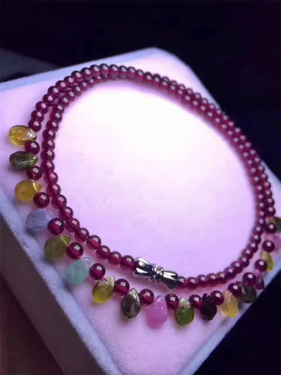 Женское длинное ожерелье из натурального турмалина и красного граната |