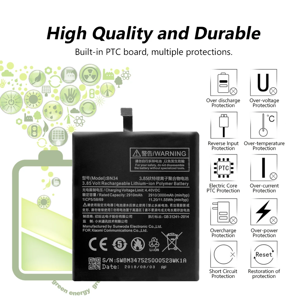 YCDC телефон для Xiaomi Redmi 5A 3,85 V 3000mAh Мобильный сменный аккумулятор BN34 BN 34 BN-34
