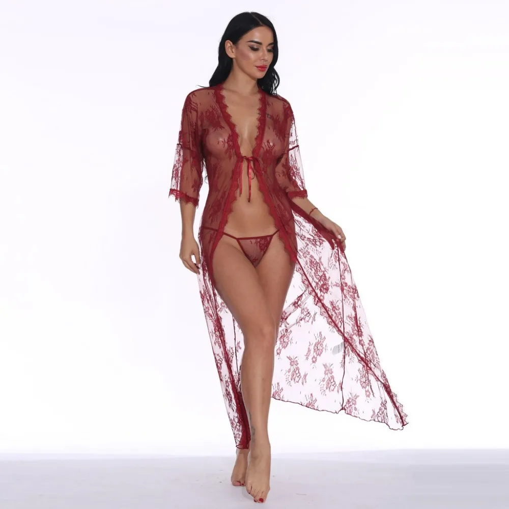Женское Сексуальное белье Babydoll, эротический халат, ночная Пижама с тонкими прозрачными длинными рукавами, кружевное ночное белье, ночной кардиган, Халат