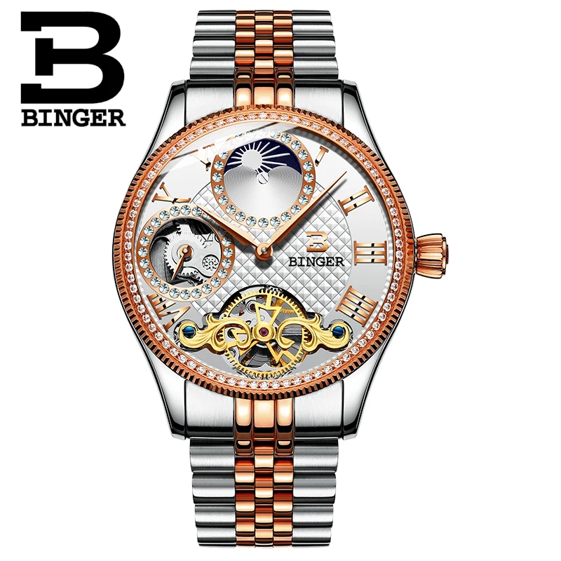 Luxury Rose Gold Men Tourbillon Watches Self Winding Mechanical Full Steel Watch Businessmen Crystal Wrist watch Moon Phase 3Bar | Наручные