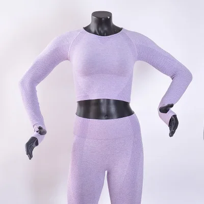 Purple Бесшовный топ для йоги, фитнеса, для женщин, быстросохнущая Спортивная рубашка с длинным рукавом, рубашка для спортзала, Женский сжатый Топ для тренировок с отверстиями для большого пальца - Цвет: Purple