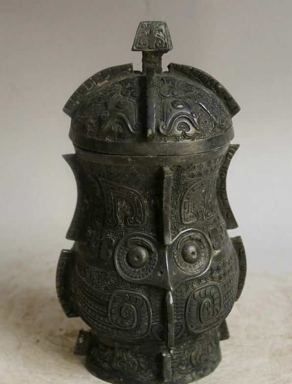 

song voge gem S2049 8" Old Chinese Bronze Folk Bird Head foodstuff food vessel kettle Pot Jar Crock