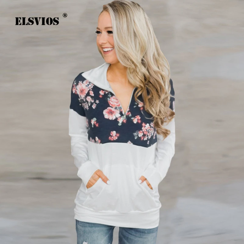 ELSVIOS, модные толстовки с цветочным принтом, женские, Осенние, зимние, с отложным воротником, на молнии, свитшоты, повседневные, с карманами, женские топы, пуловер