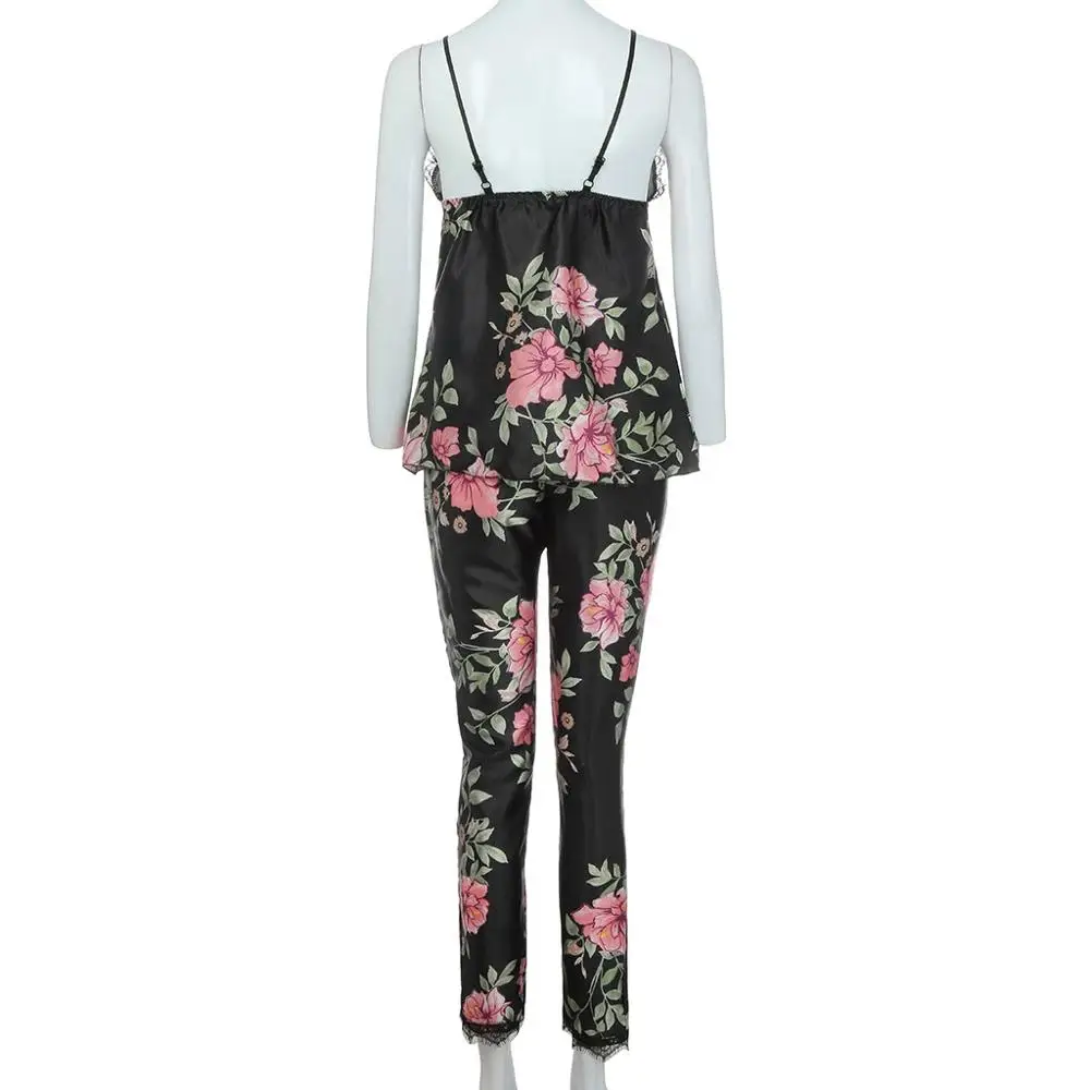 

2019 sexy pajamas for women Fashion Women Silk Satin Printed Lace Pajamas V-Neck Vest Trousers Set Sleepwear #9