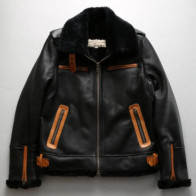 Мужская летная куртка Axirex fly B3 черная бомбер из натуральной овечьей кожи на