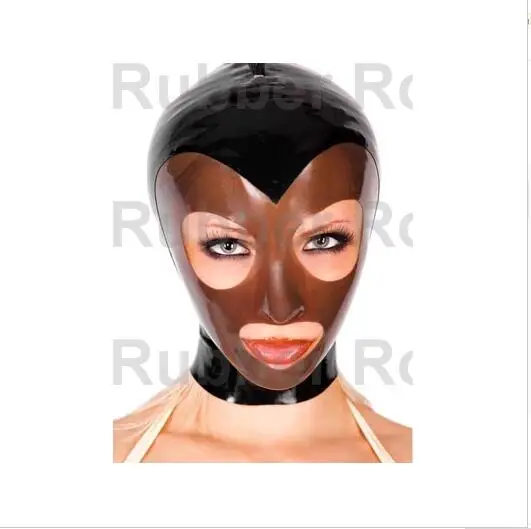 Сексуальный Черный Brwon смешанный латексный капюшон Фетиш маска открытый рот Eeys с