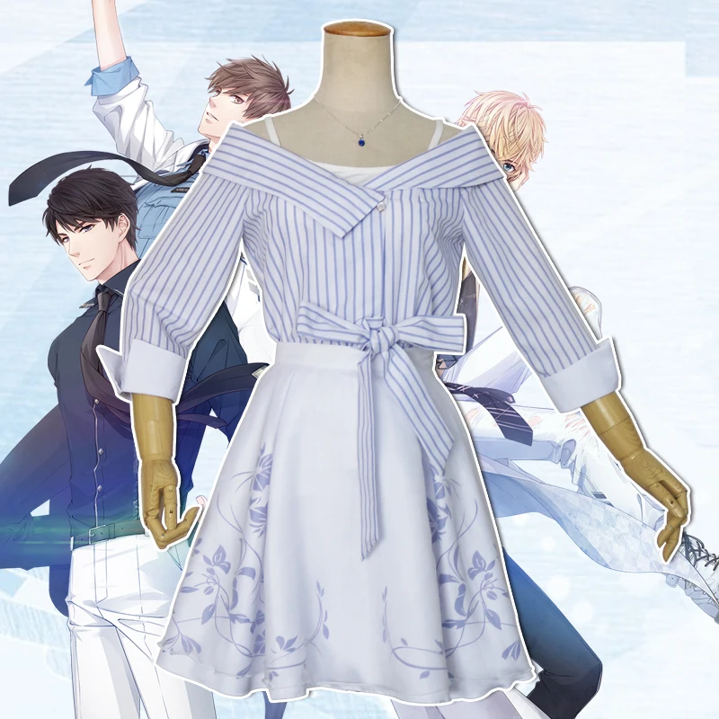 

Аниме игры LYZZR Косплей вы провели cos Маскарадный костюм на Хэллоуин повседневные милые для девочек в стиле "Лолита" Женский светильник в синюю полоску, комплект с платьем