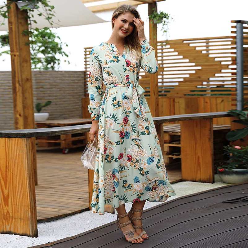 Шифоновое Платье макси с V-образным вырезом длинным рукавом и цветочным принтом |