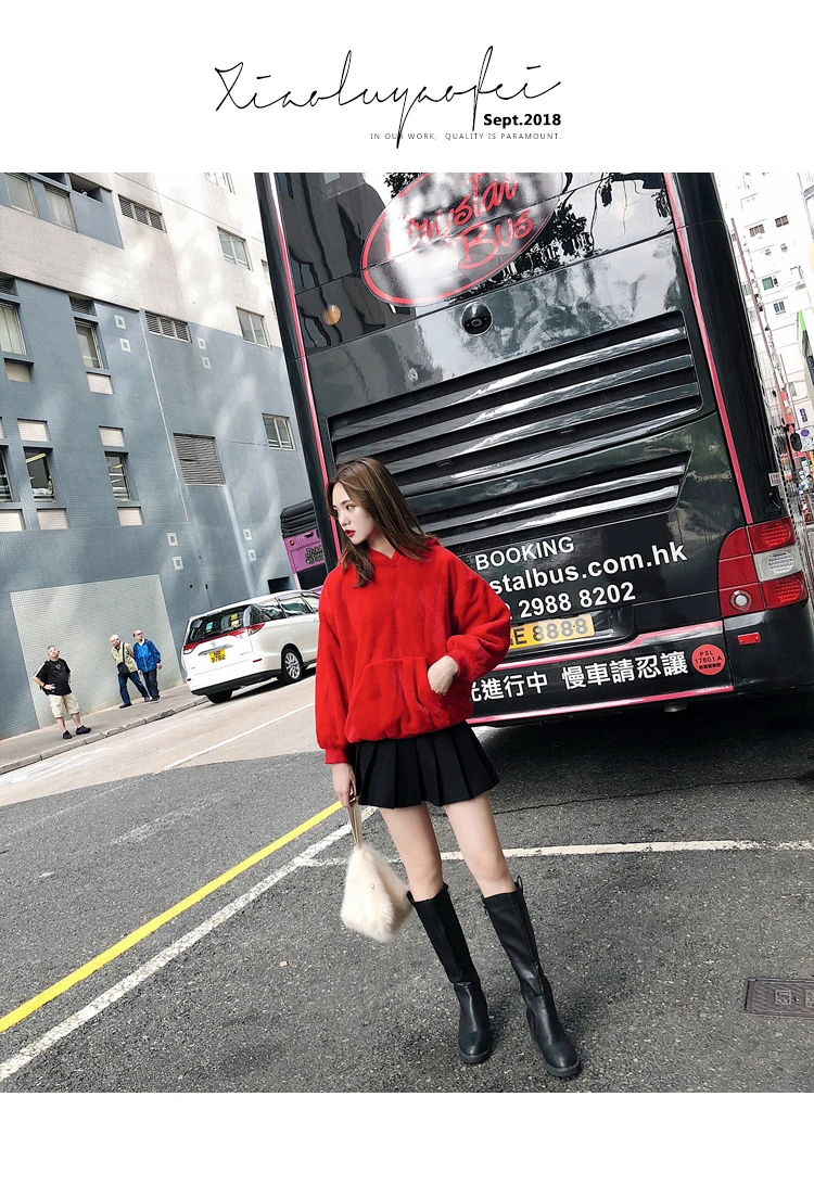 Женские красные свитшоты зимние пушистые милые Harajuku Пуловеры толстое