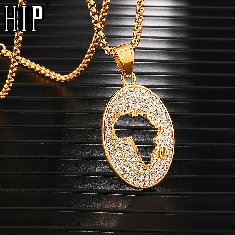 Хип хоп Iced Out Bling Африка кулон карта & ожерелье 316L нержавеющая сталь для мужчин
