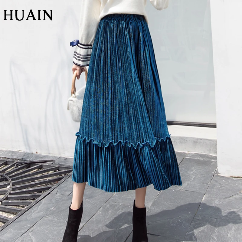 Casual Women Pleated Skirt Korean Fashion Fitness Midi Autumn 2018 New Solid Colour Ruffles Vintage Office Ladies Clothing | Женская