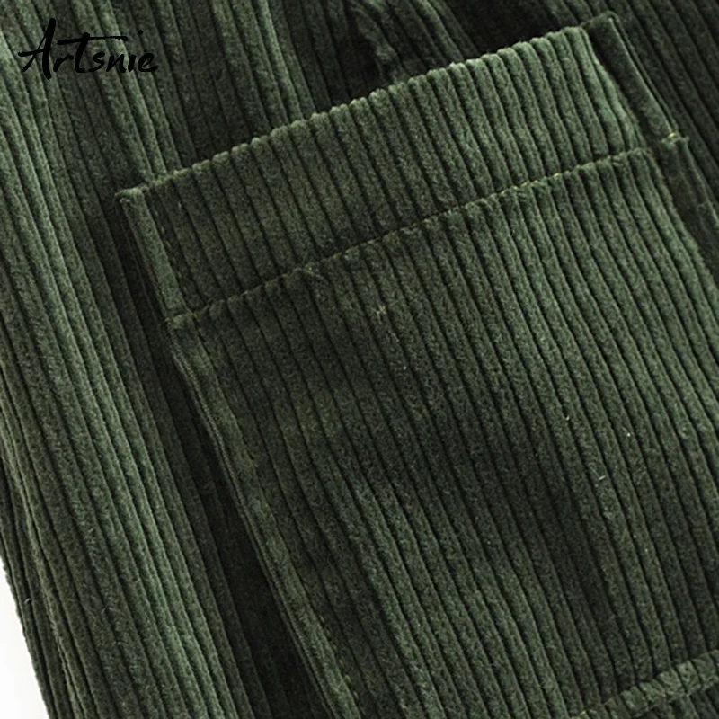 Artsnie Army Green Winter Corduroy High Waist Mini Skirt Women Button Double Pockets Casual Autumn Short A Line Skirt Femme