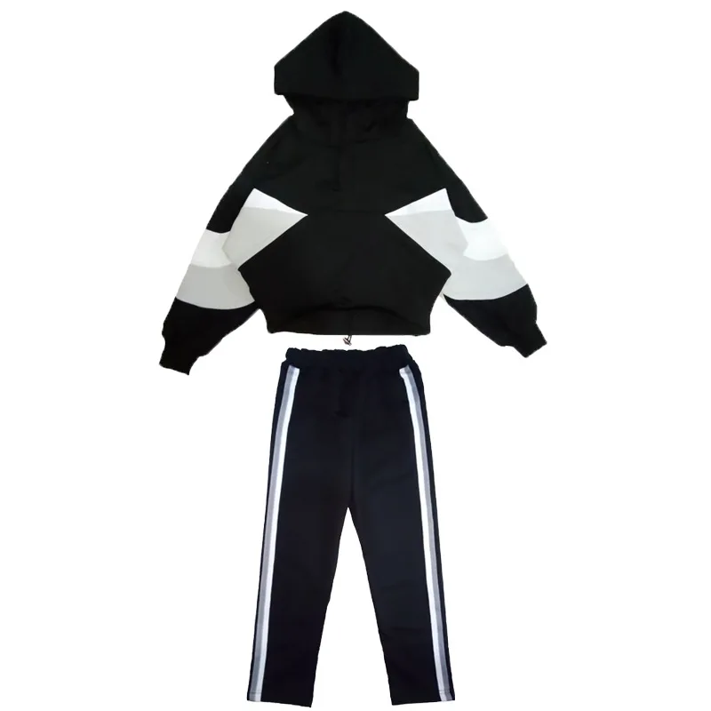 Fashion Girls Clothing Set Hooded Sport for Teenagers Striped Black Tracksuit Children Clothes 2019 Korean Kids | Мать и ребенок