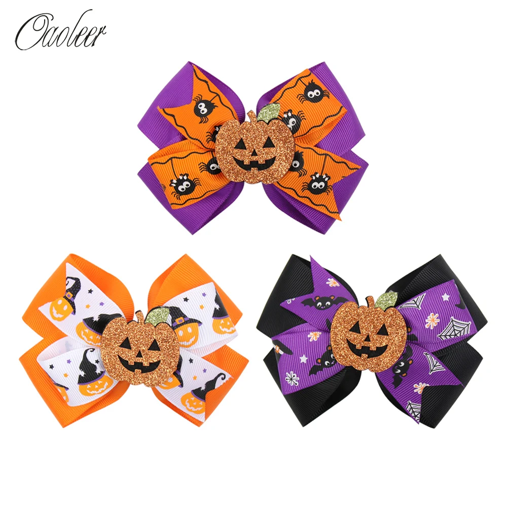 

Oaoleer Hair Accessories 3Pcs/Lot 4.5 Inch Halloween Hair Bows for Girls Pumpkin Bowknot Ribbon Hairgrips Children Kids Headwear