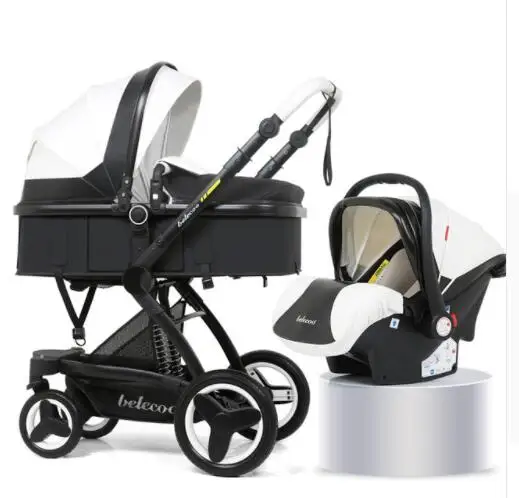 PU white black Belecoo/Роскошная детская коляска 3 в 1, коляска с высоким пейзажем, детская коляска для отдыха и сидения с корзиной для сиденья - Цвет: PU white black