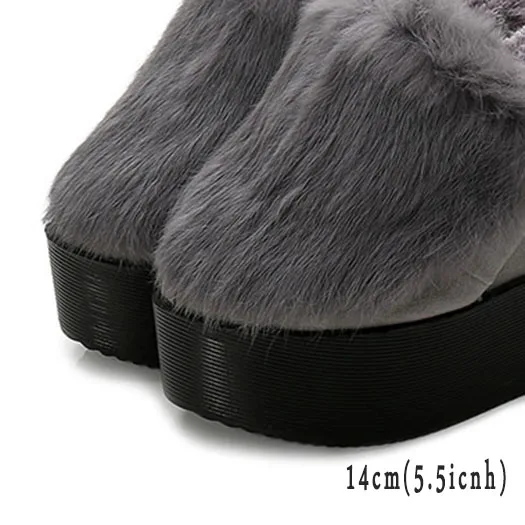 gray 14cm Модная обувь; коллекция года; женские Фетиш меховые шлепанцы; шлепанцы на платформе; обувь на платформе с натуральным мехом для стриптиза; 5; обувь на танкетке с розовым кроликом; сезон зима - Цвет: gray 14cm