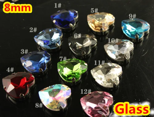 

12Colors 8mm 330Pcs/lot Heart Crystal Sew on Fancy Stone with 4 Holes Dull Silver K Claw Setting