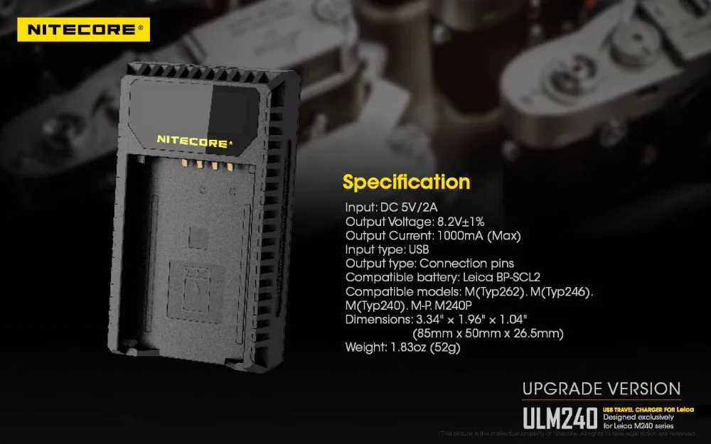 Nitecore ULM240 USB зарядное устройство для Leica BP SCL2 аккумуляторы совместимые LeicaM (Typ 262) M