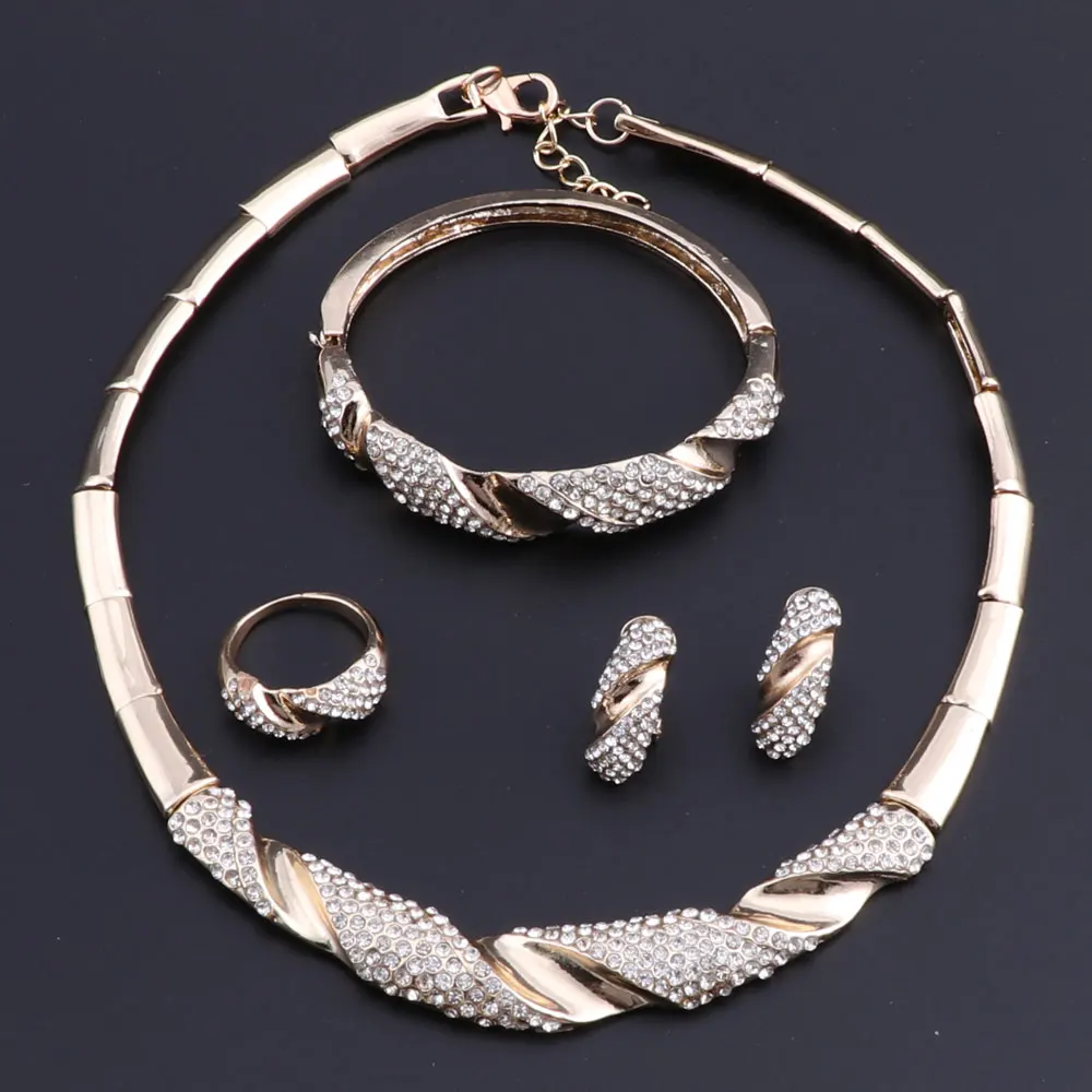 

OEOEOS Wedding Jewelry Sets For Women Vintage Necklace Earrings Ring Crystal Bracelet Gold Color Bridal Luxury Jewelry Sets
