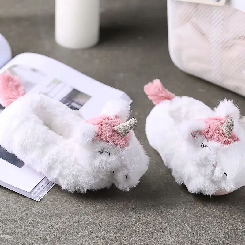 Плюшевые тапочки с единорогом и кроликом для мамы и дочки; домашние тапочки на каблуке с пушистыми животными для детей и взрослых; зимняя Милая теплая обувь