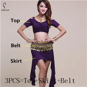 Purple 3pcs Костюм для танца живота практическая одежда сценическая одежда для взрослых Восточный Болливуд индийский Топ Юбка Пояс тренировочная одежда 8 цветов - Цвет: Purple 3pcs