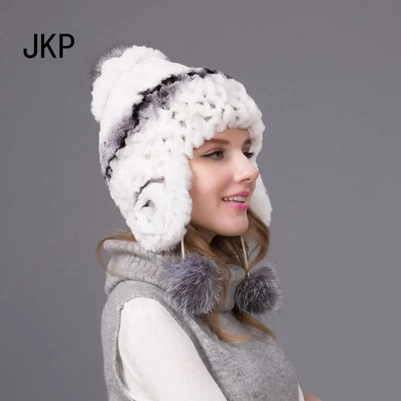 Женская вязаная шапка из натурального кроличьего меха зимняя Рекс с лисьим мехом