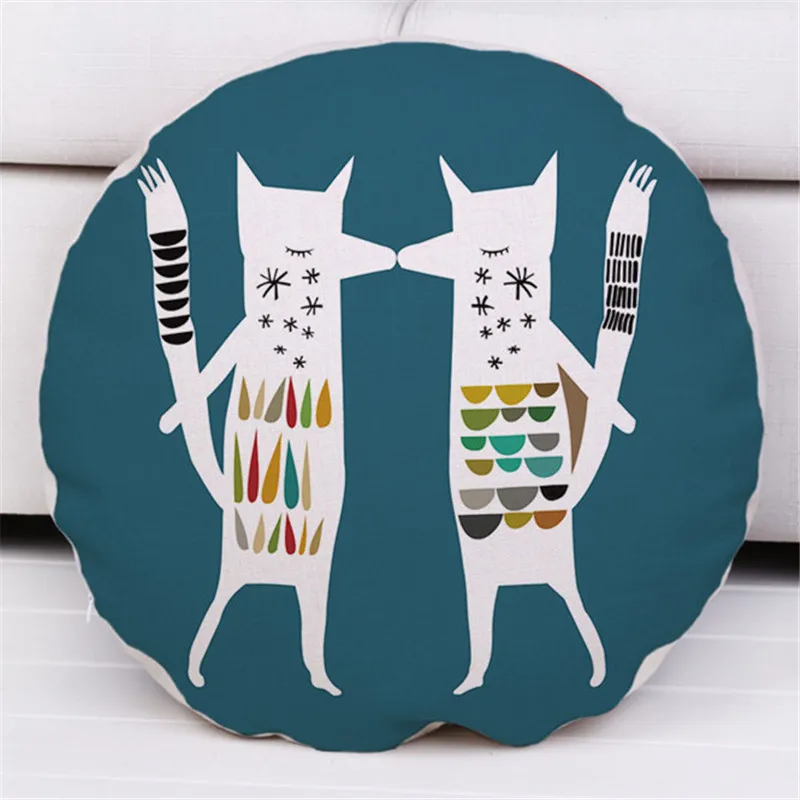 Cartoon Animals Printed Decorative Throw Pillow Covers Cotton Linens Animal Bear Kiss Fox Cat Round Diameter 45cm Cushion Cover |