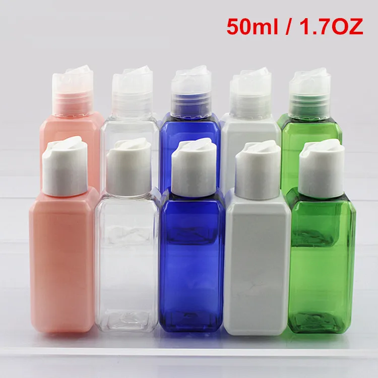 

150 X 1.7OZ PET Plastic Square Empty Refillable Bottle BPA Free With Hand Press Smooth White/Clear Disc Flip Cap Top Lids