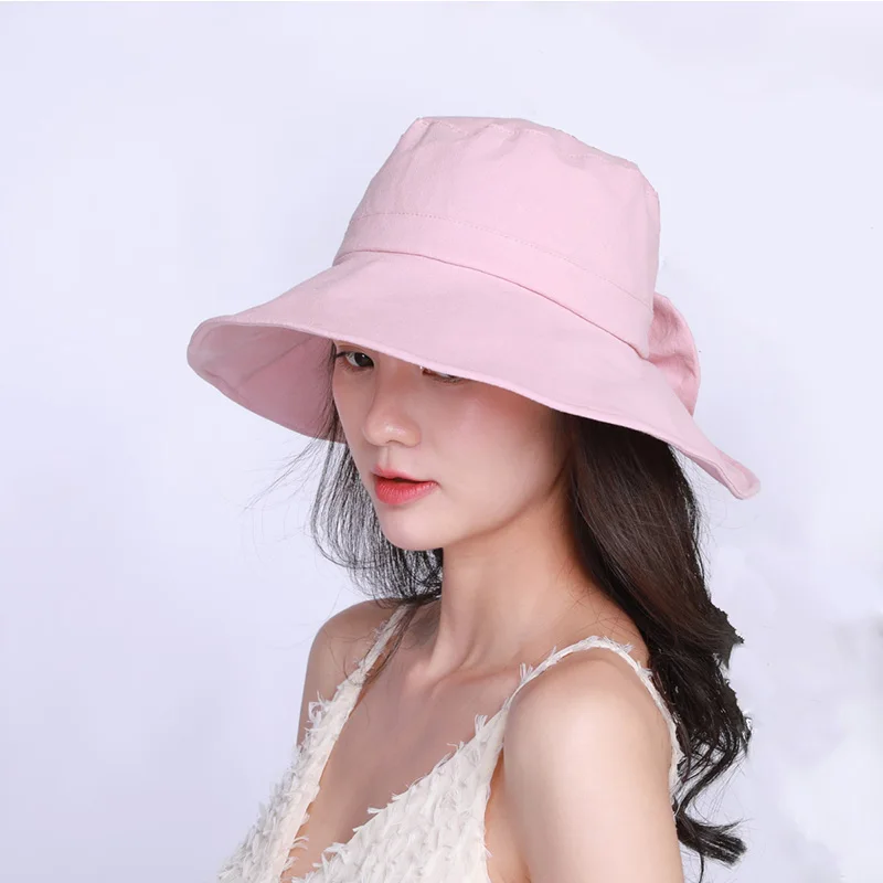 Однотонные хлопковые шляпы от солнца с бантом для женщин Летние повседневные