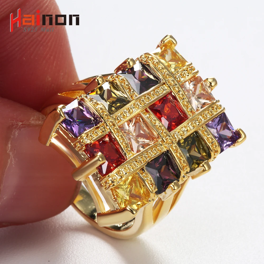 Кольцо Hainon золотое/серебряное цветное с фианитом модное квадратное роскошное