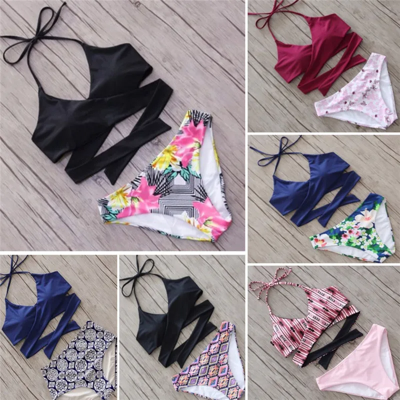 Новинка 2017 женские бикини с высоким воротом комплект пуш апом черный купальник