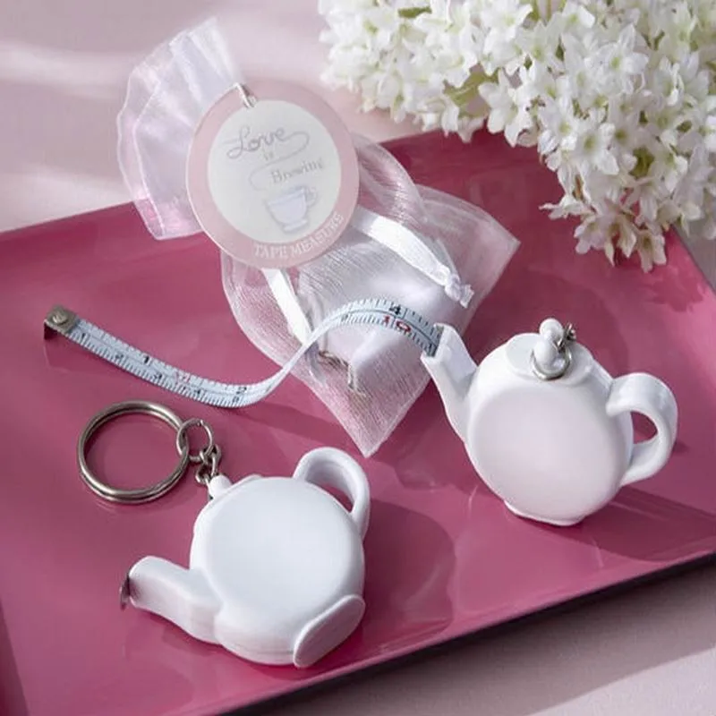 

200pcs Wedding Party Giveaway Gift White Teapot Measuring Tape Keychain Mini Portable Measure Tapes wa3894