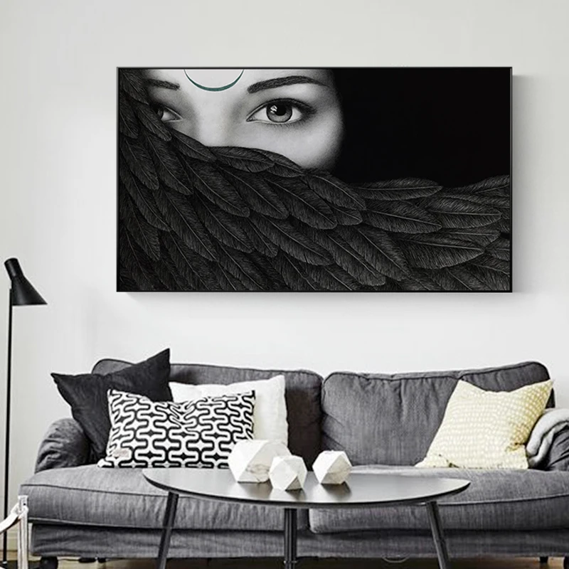

Black And White Feather Girl Canvas Painting Witch Poster Print Wall Art Picture For Living Room Bedroom Aisle Home Decoration