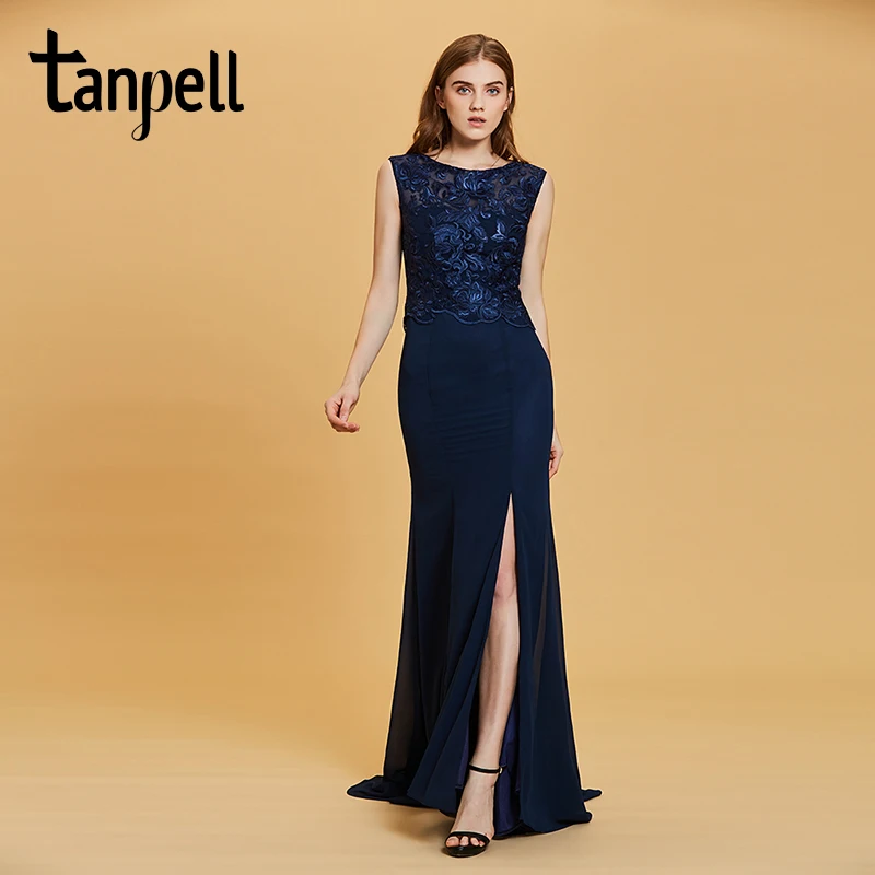 Tanpell, вечернее платье с разрезом спереди, темно-синее, без рукавов, ТРАПЕЦИЕВИДНОЕ, длина до пола, платья для женщин, bateau, официальное, выпускное, длинное, вечернее платье