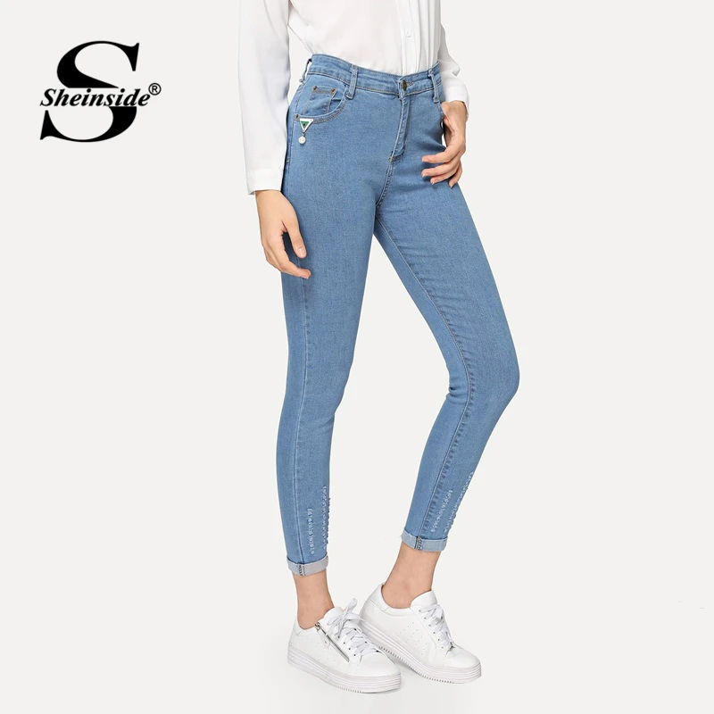 Sheinside, синие, рваные, свернутые, обтягивающие джинсы для женщин, весна, высокая талия, пуговицы, тянущиеся, зауженные джинсы, повседневные, одноцветные, джинсовые штаны