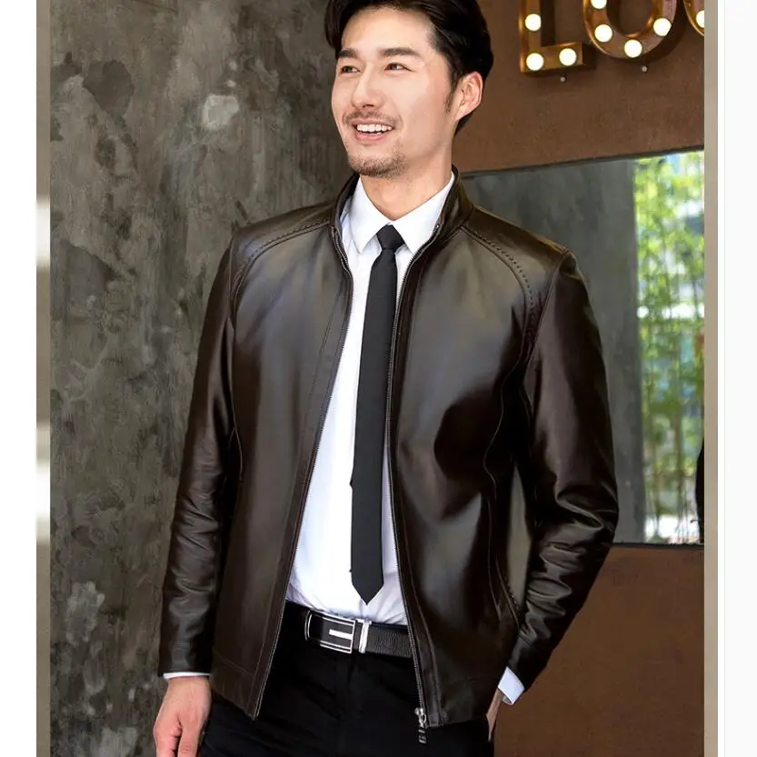 

M-4xl мужская кожаная куртка из натуральной овечьей кожи Короткая кожаная куртка с воротником-стойкой Корейская деловая повседневная одежда ...
