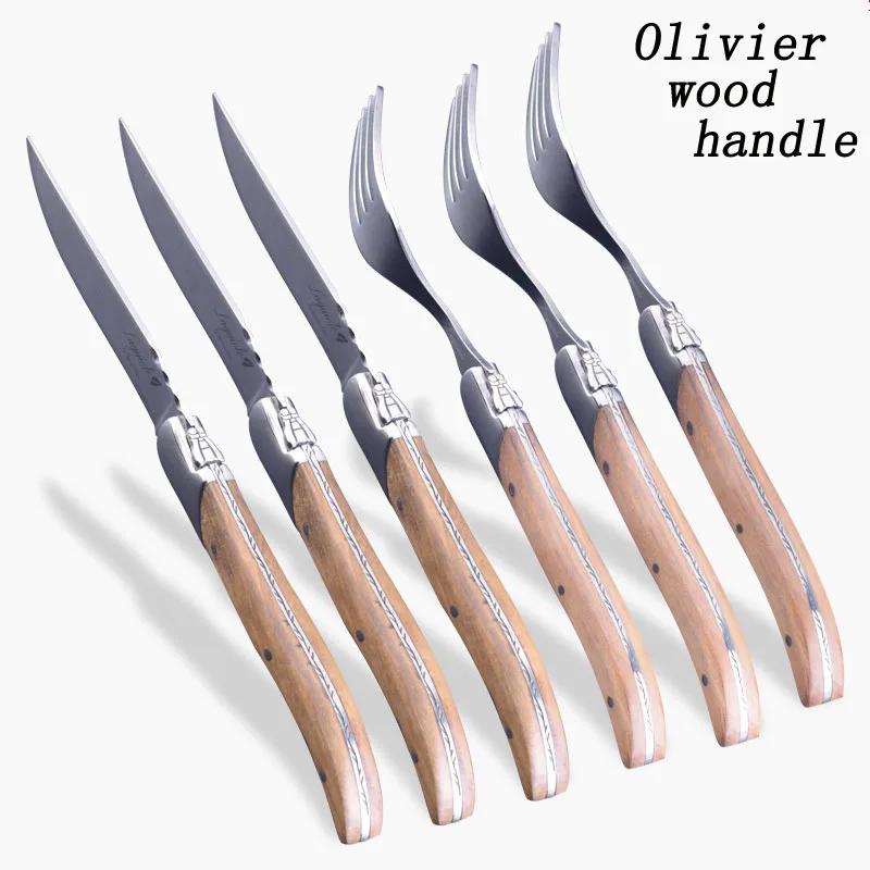 

6 Pc 304 Stainless Steel Steak Knife and Fork Set Home Dinner Cutlery w/ Olivier wood Handle