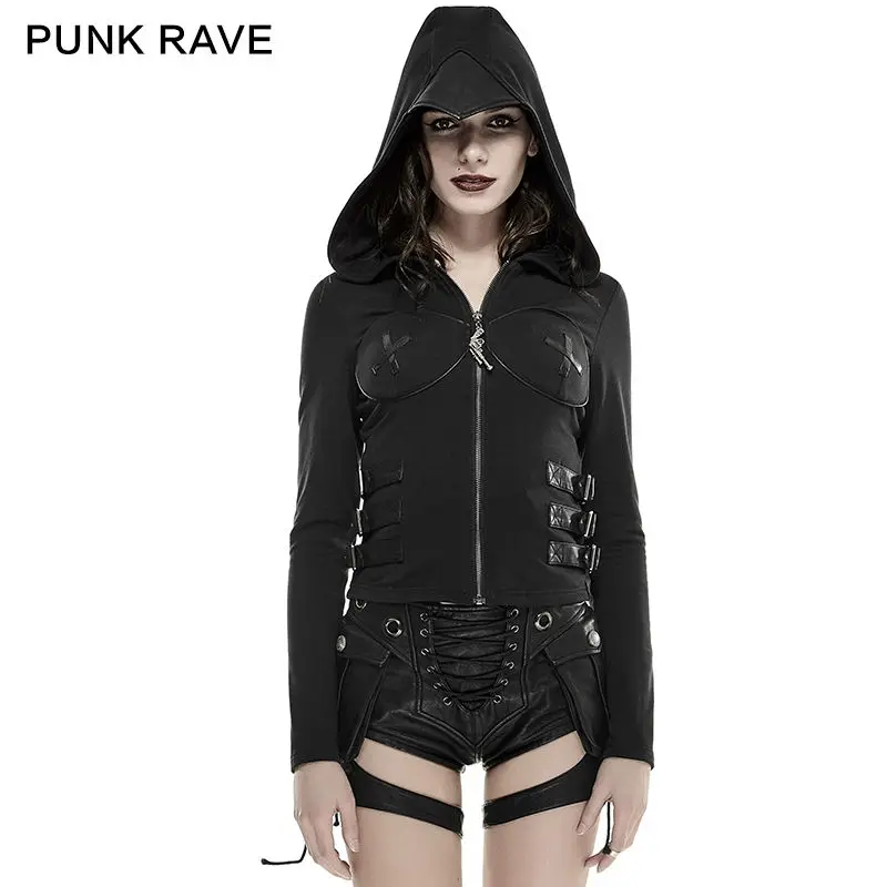 

New Punk Rock Gothic With Hoodie Vintage Lacing Black jacket Fashion Kera Steampunk Coat Y662
