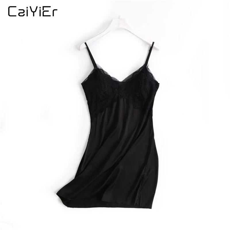 

Caiyier Silk Satin Pyjamas Dress New Lace Sexy Night Dress V-neck Sleeveless Sleepear Thong Nightdress For Women Summer Lingerie