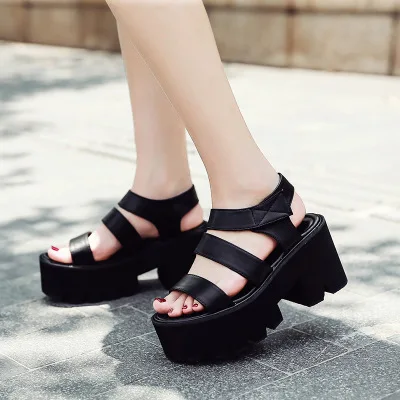 

Summer New Arrival Women's Black Sandals Rome Style Hook Loop Shoes High Platform Heels Casual Shoes