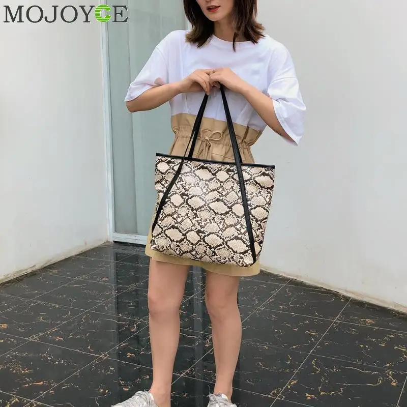 Ladies Fashion Female Big Snake Print Shoulder Handbags Women Large Capacity Top-handle Bags Casual Shopping PU Leather Totes