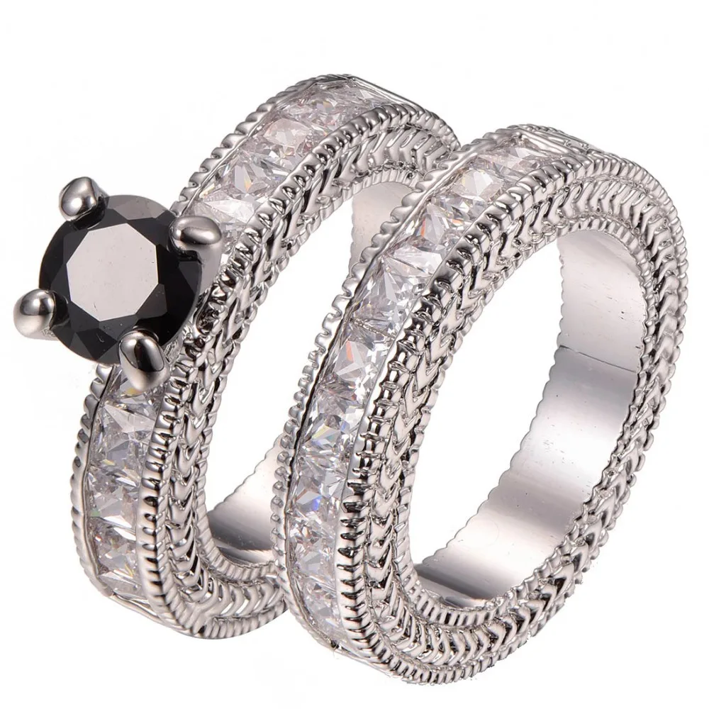 

Free Shipping Black onyx White Crystal Zircon 925 sterling silver Engagement Wedding Ring Size 6 7 8 9 10 11 F1324