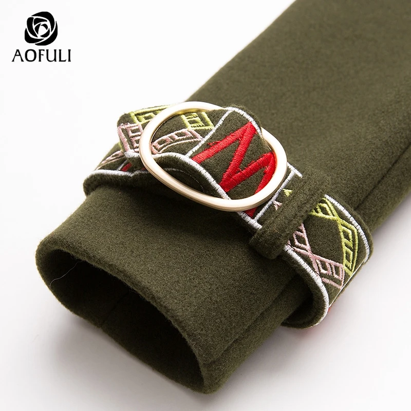AOFULI M XXXL Женское шерстяное пальто с вышивкой X long поясом Зимняя мода двубортное