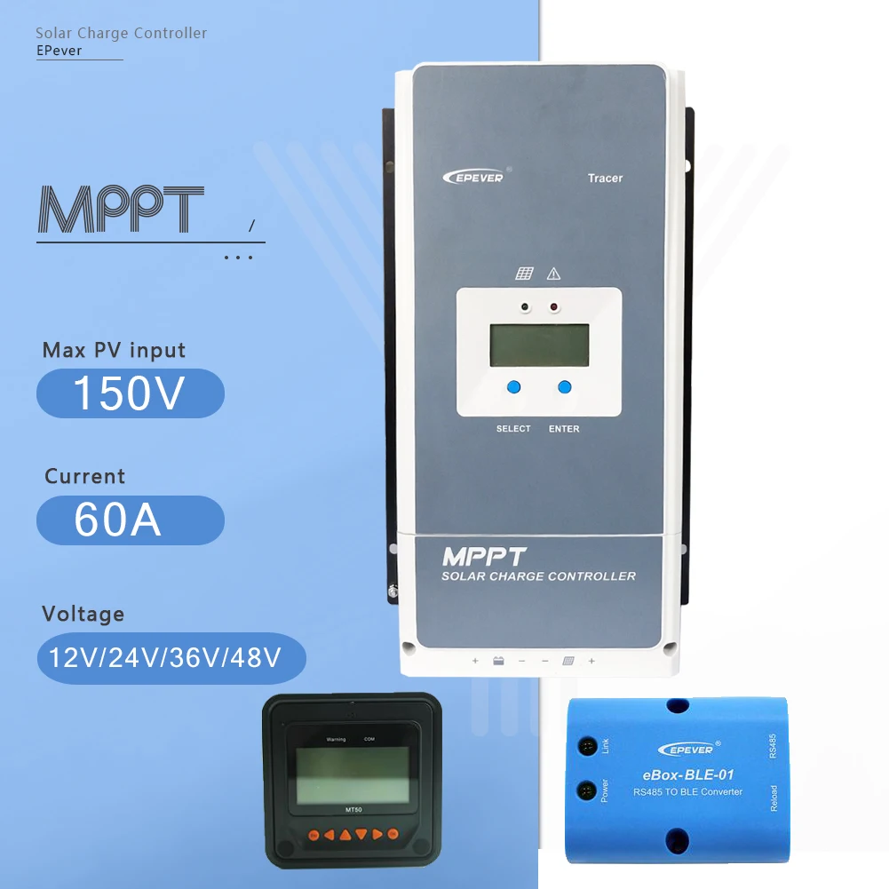 60A-MT50-BLE EPever Tracer6415AN 60A контроллер солнечного зарядного устройства MPPT 12 В 24 в 36 в 48 в авто для Макс. 150 в Солнечная Панель Регулятор ввода с MT50 - Color: 60A-MT50-BLE