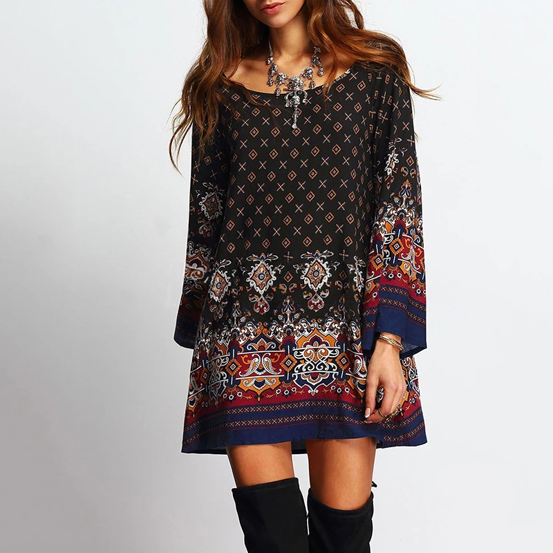 Vintage Ethnic Slim Loose Baroque Women's Dress Round Neck Printed Party Elegant Vestidos Verano Plus Size XXL XXXL W1054 | Женская