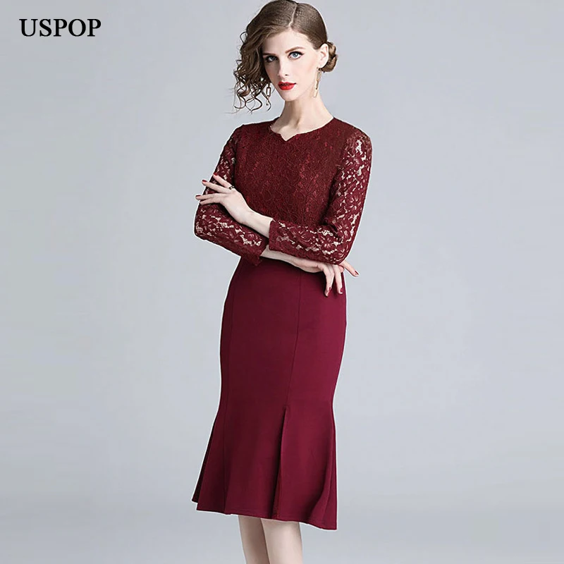 USPOP 2019 New women mermaid dress vintage trumpet full sleeve empire solid color sheath | Женская одежда