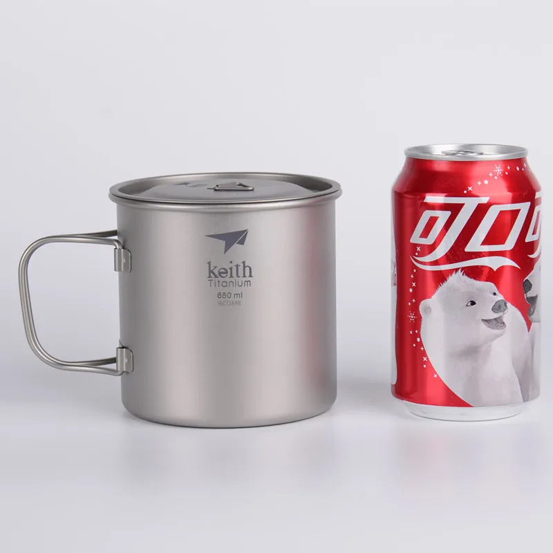 650ml Ti3208 Keith наружные титановые кружки для воды со складными ручками, титановые крышки, посуда для напитков, походные чашки, Ультралегкая кружка для путешествий 220 мл-900 мл - Цвет: 650ml Ti3208