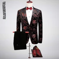 vaguelette luxury vintage rose floral stage suit for men wedding party clothing costumes single button velvet suit men m 5xl