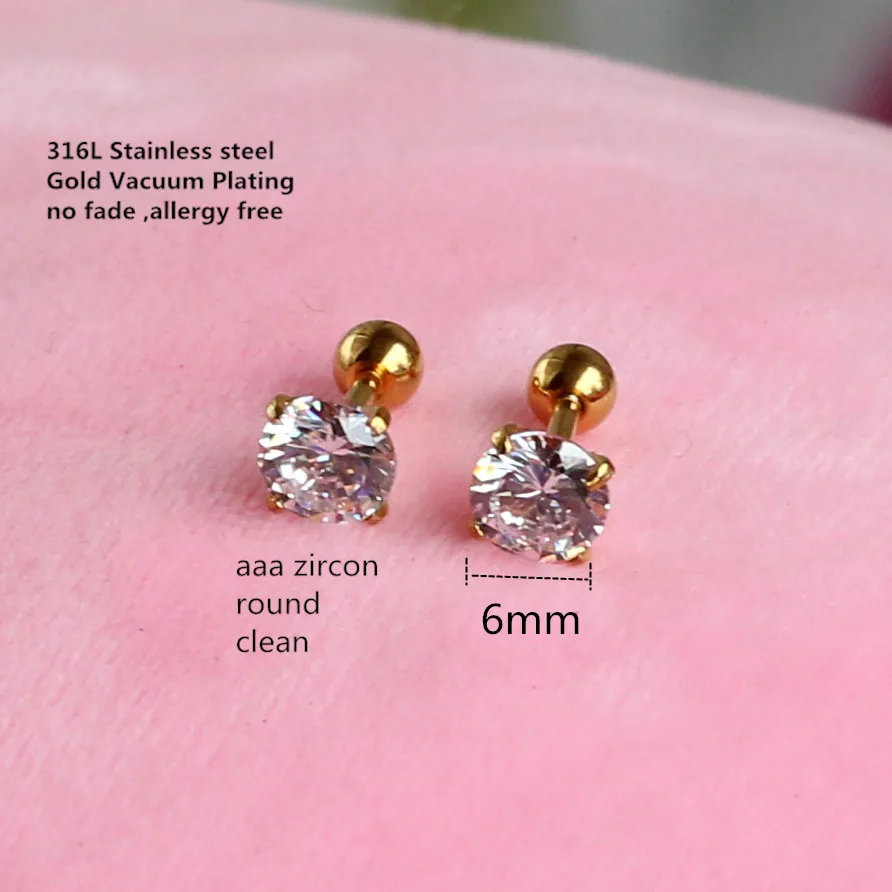 

Titanium Stud Earrings 6mm Clean AAA Zircon Screw 316 L Stainless Steel Gold-color Vacuum Plating No Fade Allergy Free