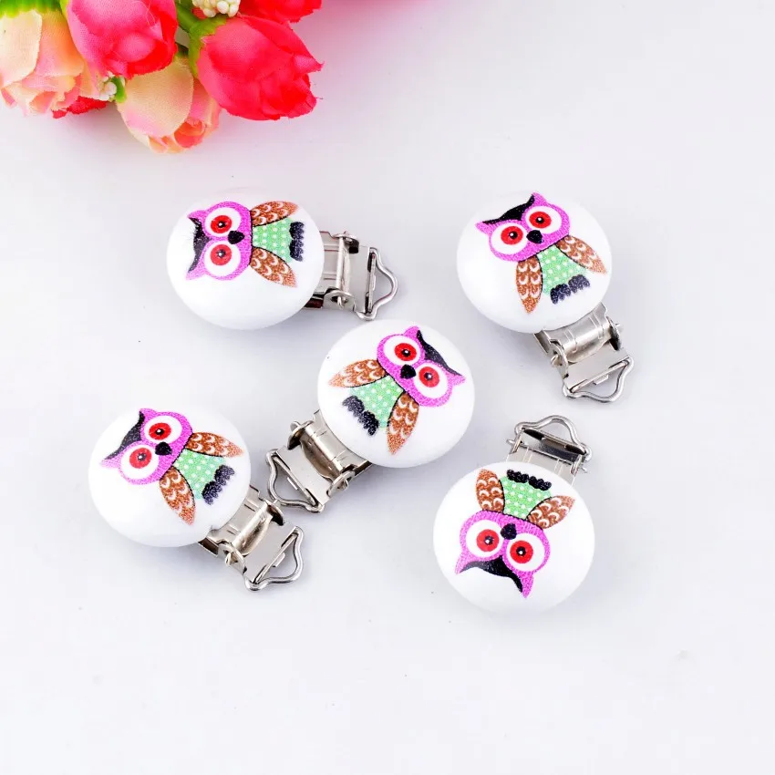 

10PCs Baby Pacifier Clips Mixed Animal Owl Pattern White Wood Metal Holders Cute Infant Soother Clasps Accessories 4.4x2.9cm